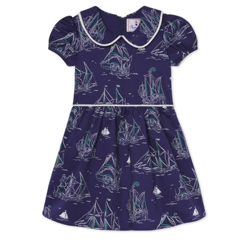 Classic Prep Navy Sailboat Print Girls' Casual Dress
